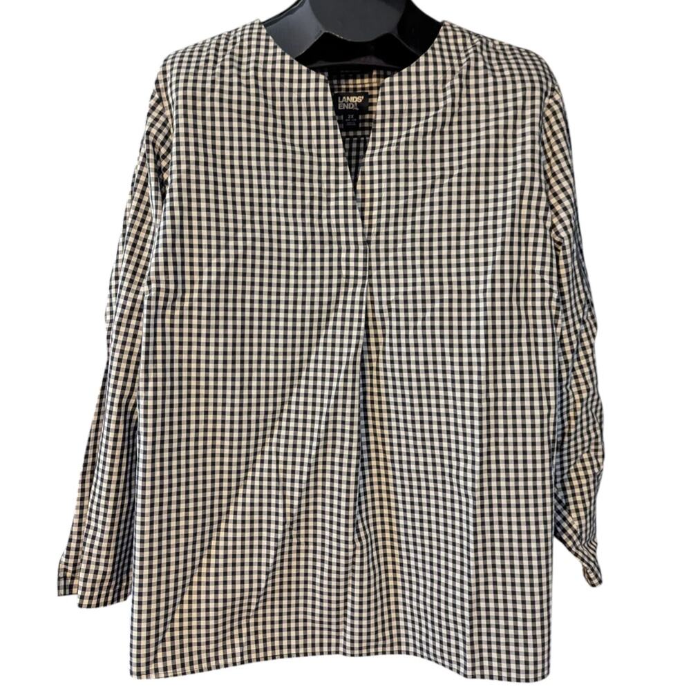 LANDS' END 2X Black White Gingham Notched V-Neck Shirt No Iron Supima 20W-22W